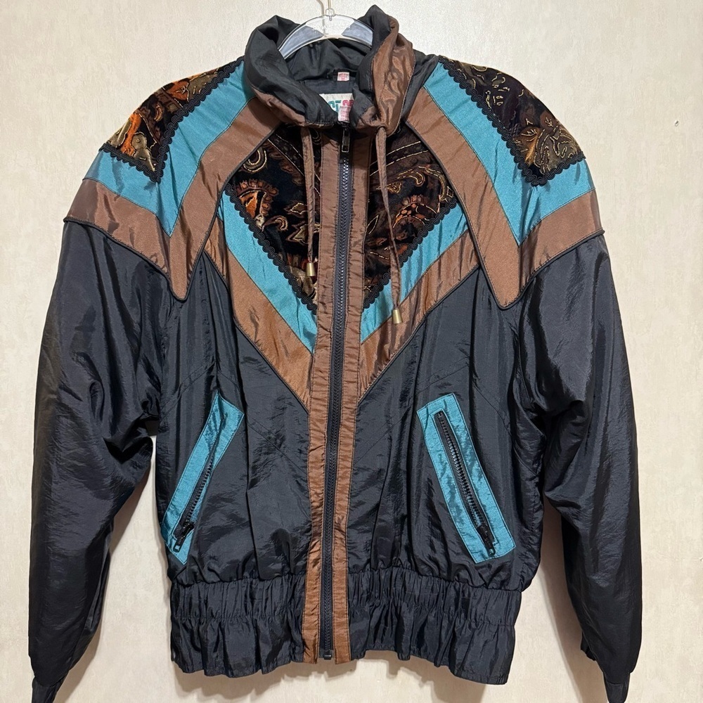 Vintage GF Sport Black‎ Turquoise Velvet Sequin Windbreaker Jacket